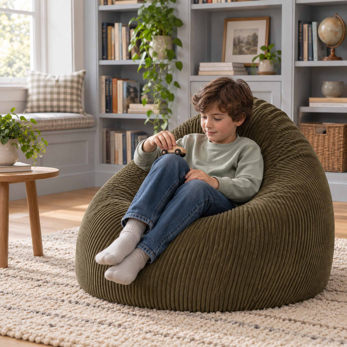 Pouf Poire Velours Côtelé Kaki foncé, confort ergonomique en velours côtelé, prêt à l’emploi avec billes polystyrène fabriquées en France