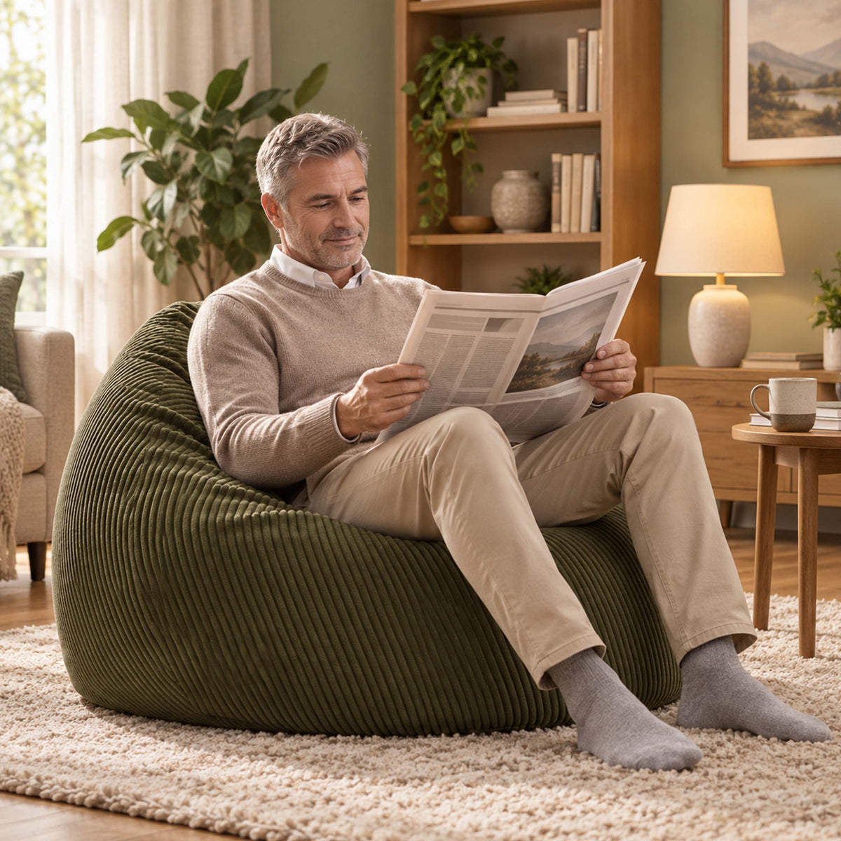 Pouf Poire Velours Côtelé Kaki foncé : homme lisant confortablement sur un pouf en velours côtelé, salon cosy