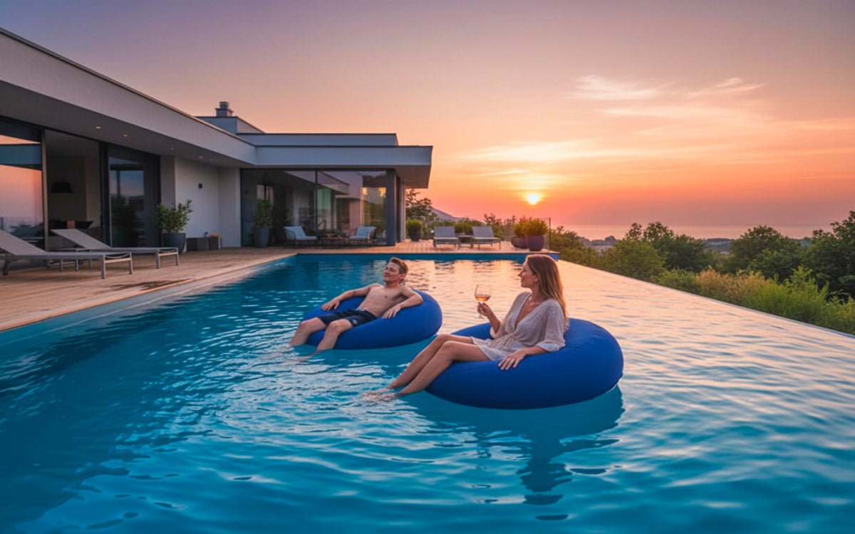 Pouf Rond Piscine Bleu flottant, deux personnes se relaxant sur l’eau au coucher du soleil