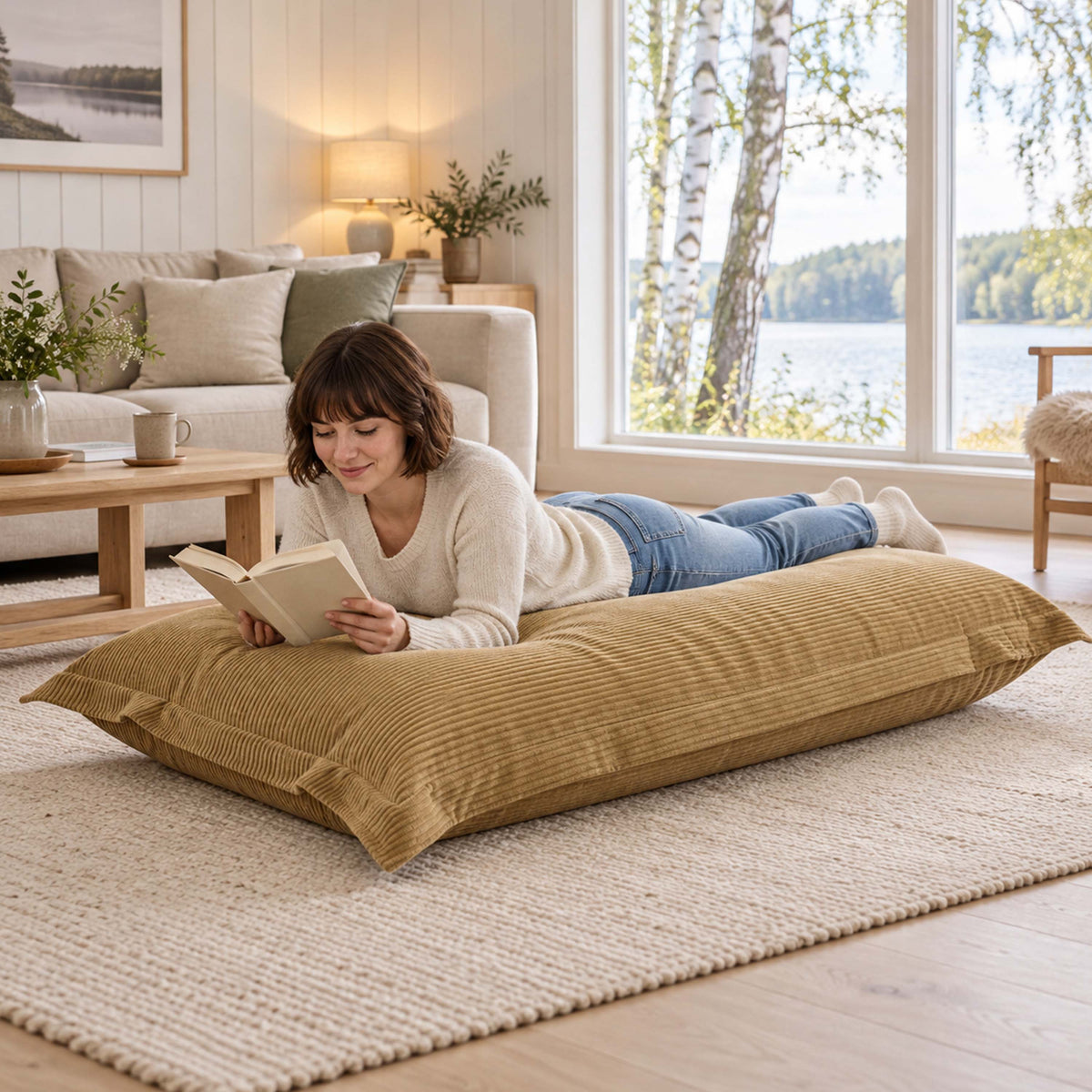 Pouf Velours Côtelé Beige doré design rectangulaire, assise moelleuse en velours côtelé, salon lumineux