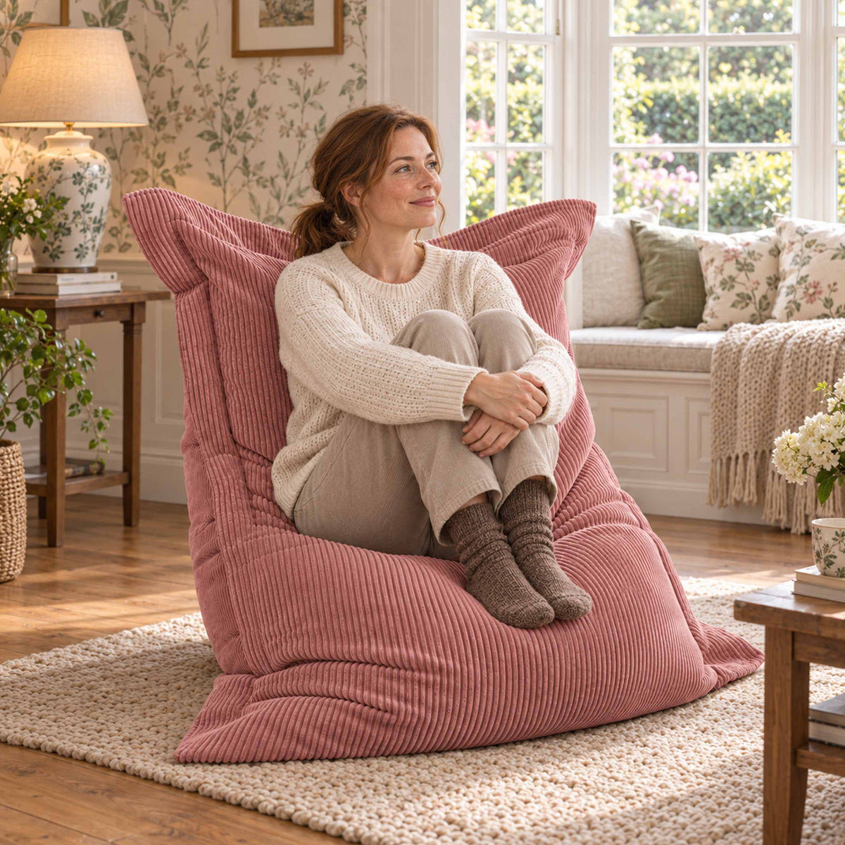 Pouf Velours Côtelé Rose poudré chaud : grand pouf rectangulaire en velours côtelé, assise confortable dans un salon chaleureux