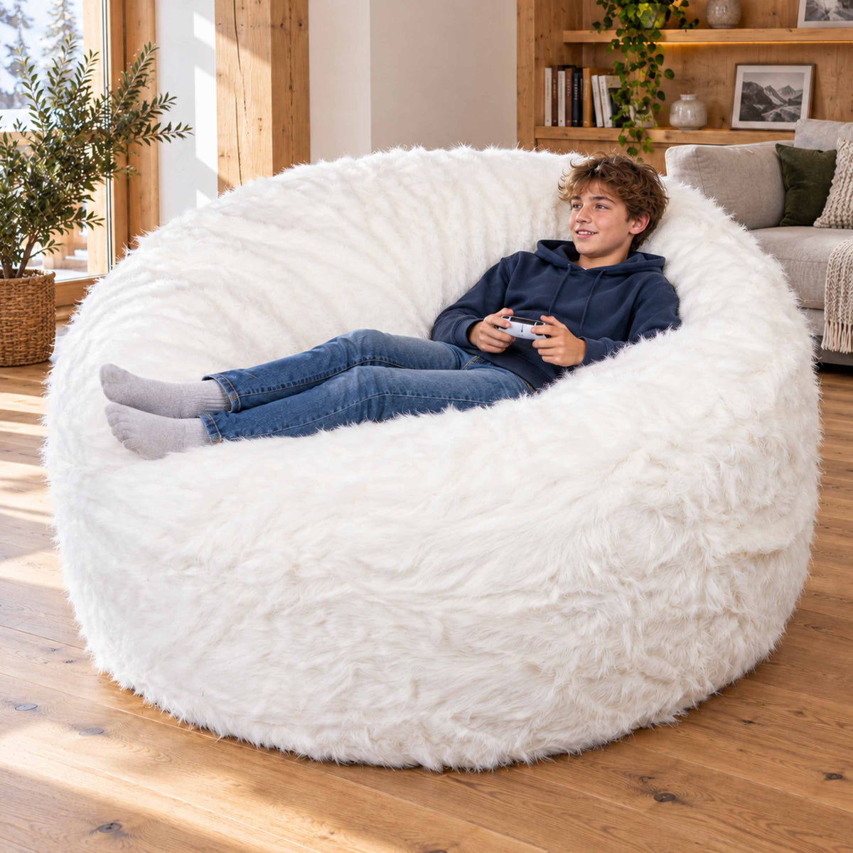 Pouf Géant Rond XXL Fourrure Blanc, pouf canapé en fausse fourrure poil long, pour détente cosy au salon