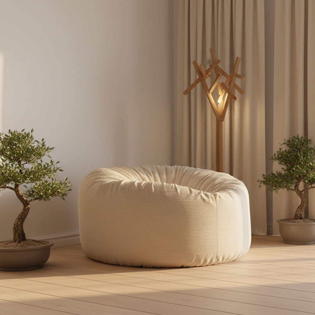 Pouf Géant Rond XXL Velours Côtelé Beige TiTAN, pouf XXL déhoussable en velours côtelé beige pour salon, photo en intérieur