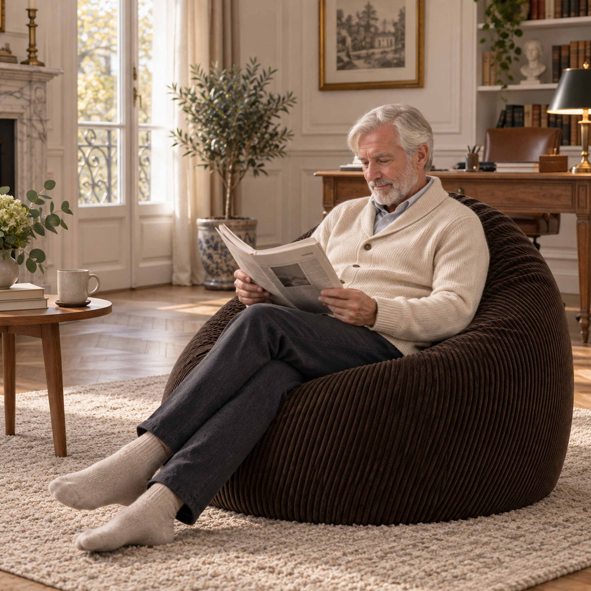 Pouf Poire Velours Côtelé Brun espresso : pouf poire en velours côtelé brun pour un confort assise immédiat, salon chaleureux
