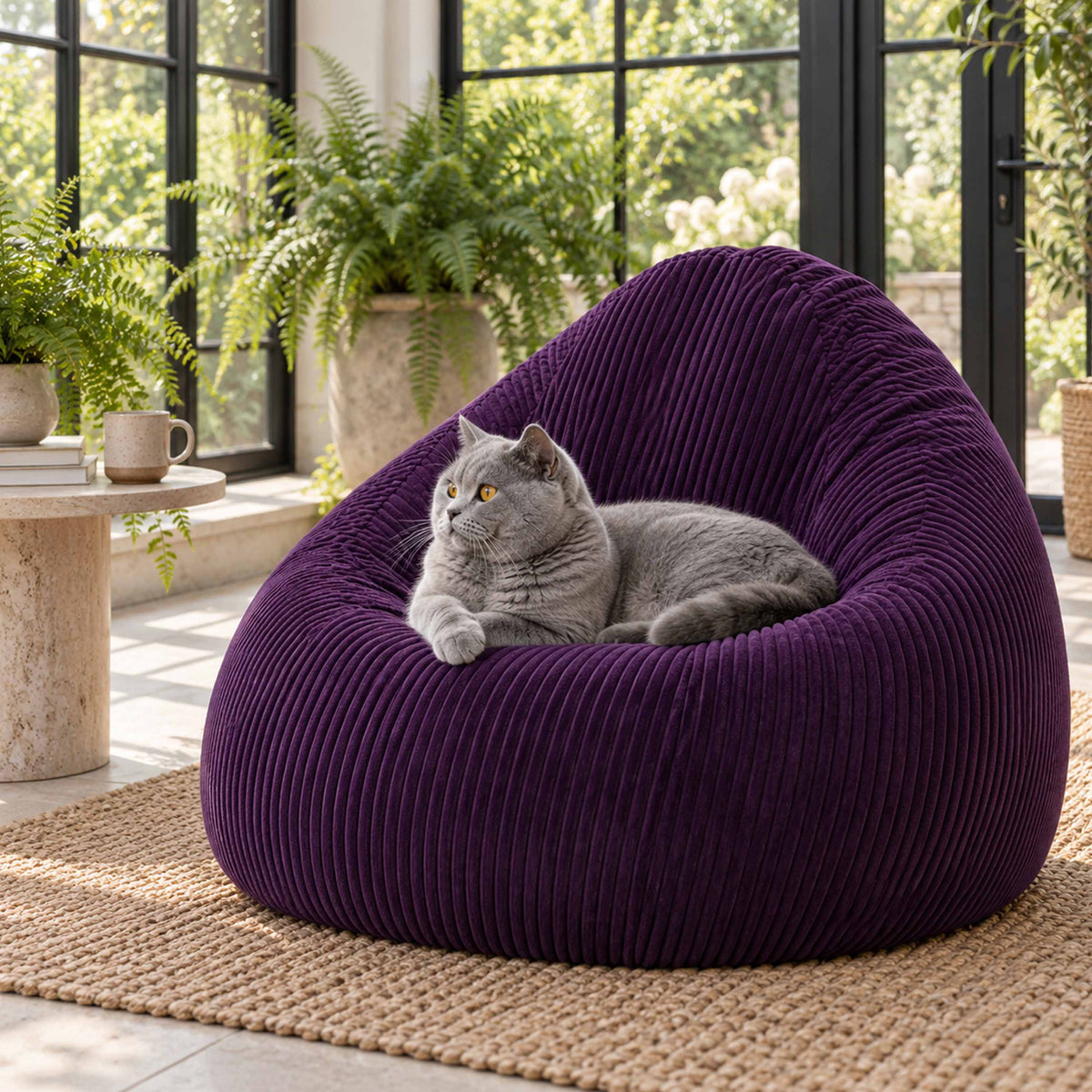 Pouf Poire Velours Côtelé Violet aubergine : chat se détend sur pouf poire en velours côtelé violet aubergine