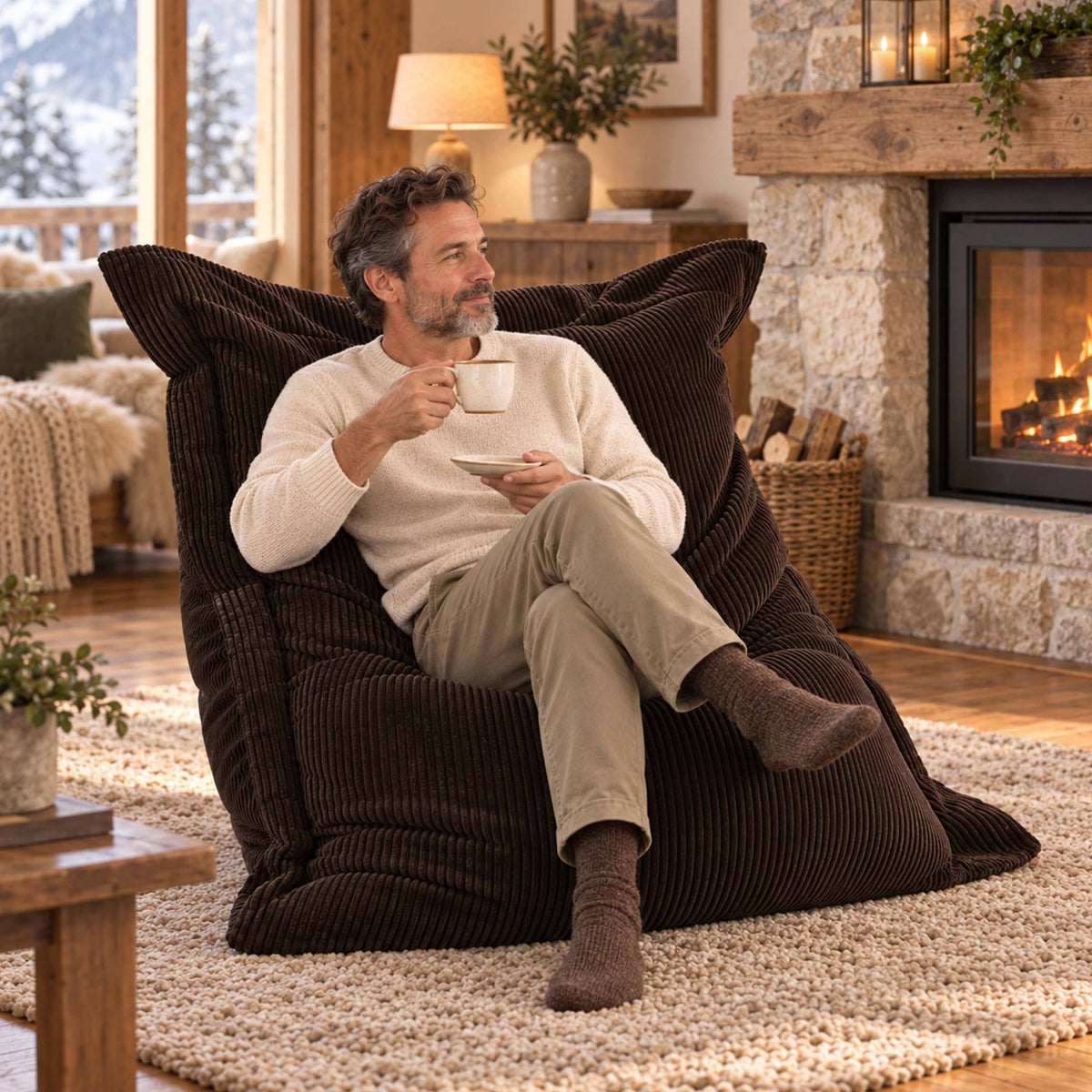 Pouf Velours Côtelé Brun espresso : fauteuil rectangulaire en velours côtelé, ambiance cosy devant la cheminée