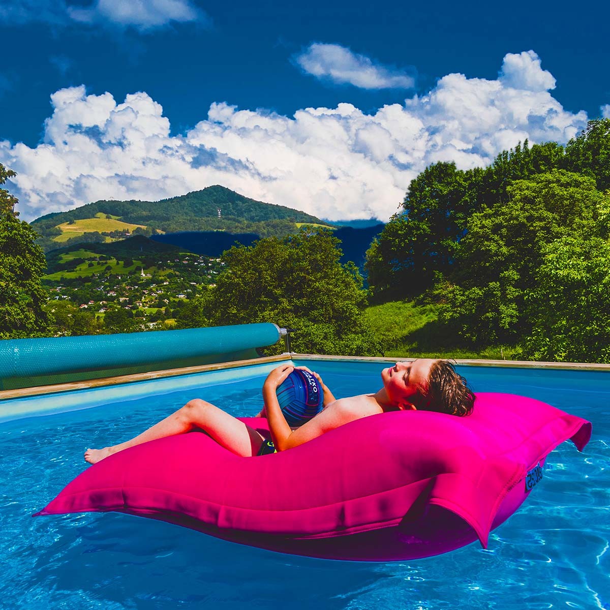 Housse pouf piscine rectangulaire vide Rose, micro-perforée pour évacuer l’eau, idéale pour détente au bord de la piscine