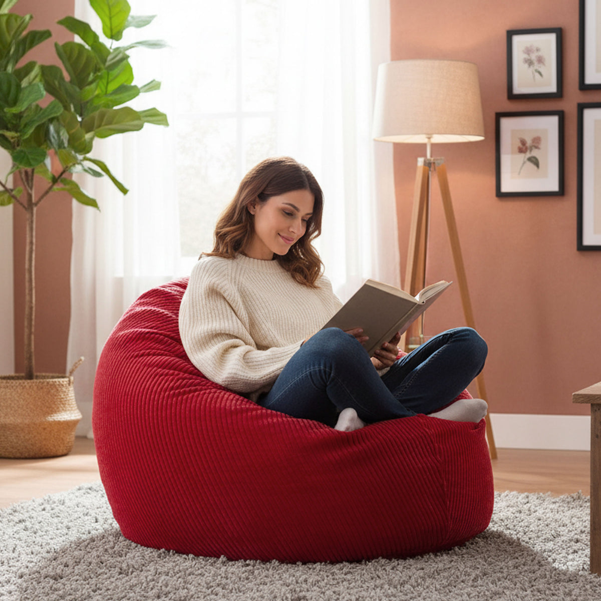 Housse Vide Pouf Poire Velours Côtelé Rouge, housse XL en velours côtelé rouge pour pouf poire, assise confortable