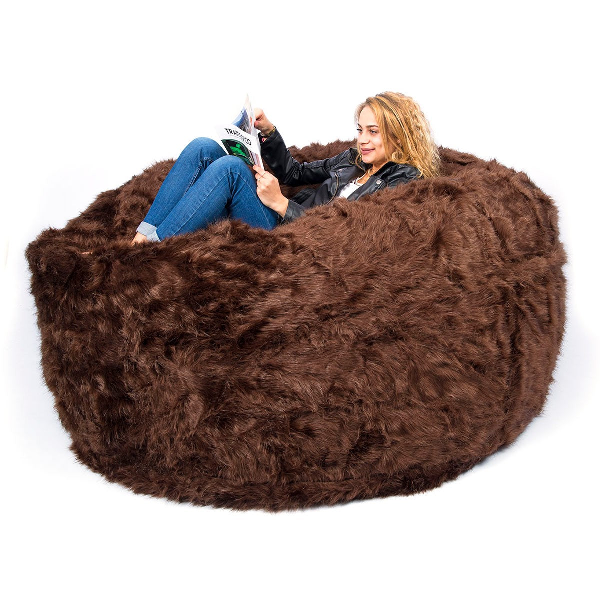 Housse Vide Pouf Rond XXL Fourrure Poil Long Marron, grande housse en fausse fourrure brune pour pouf géant
