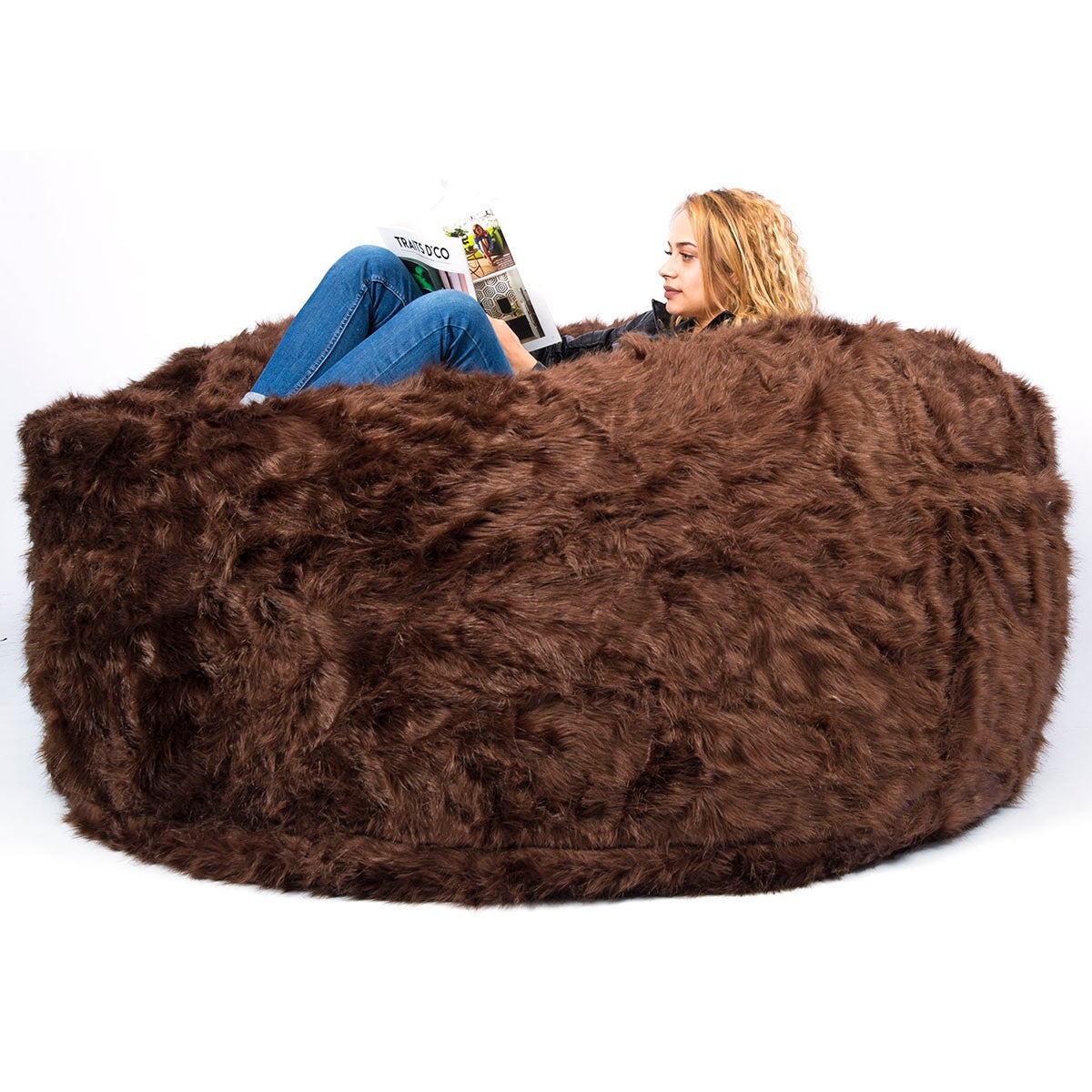 Housse Vide Pouf Rond XXL Fourrure Poil Long Marron BiG52 TiTAN, assise géante moelleuse en fourrure brune