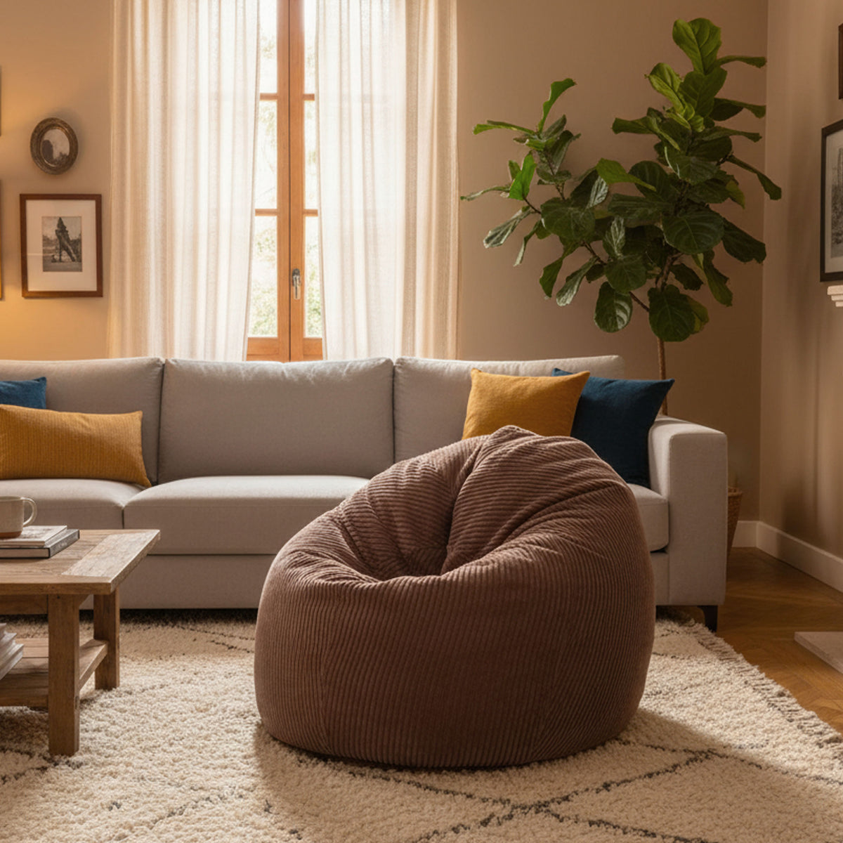 Housse Vide Pouf Poire Velours Côtelé Marron, XL en velours côtelé marron, siège poire pour salon moderne