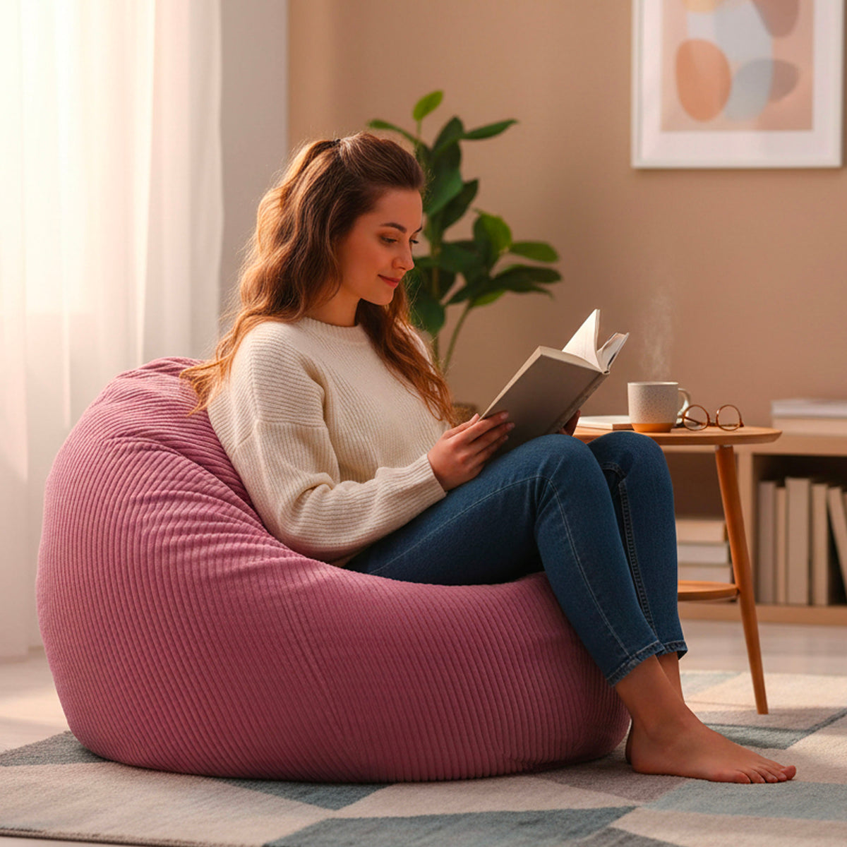 Housse Vide Pouf Poire Velours Côtelé Rose, housse XL en velours côtelé rose pour pouf poire, salon cosy