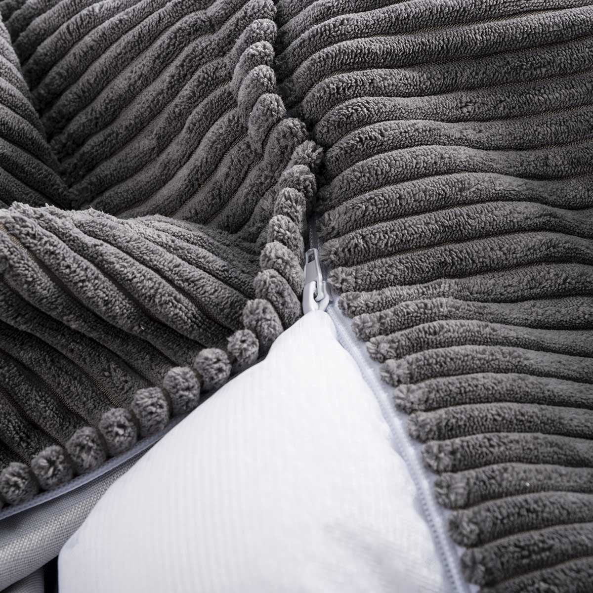 Housse Vide Pouf Velours Côtelé Gris : détail zip et texture velours côtelé pour housse pouf XL BiG52