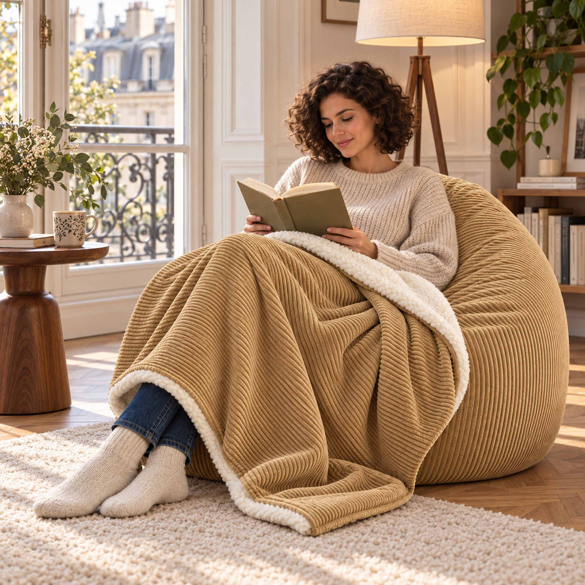 Plaid Velours Côtelé Beige doré Double Face Sherpa – 180×140 cm, plaid doux sur canapé en intérieur cocooning