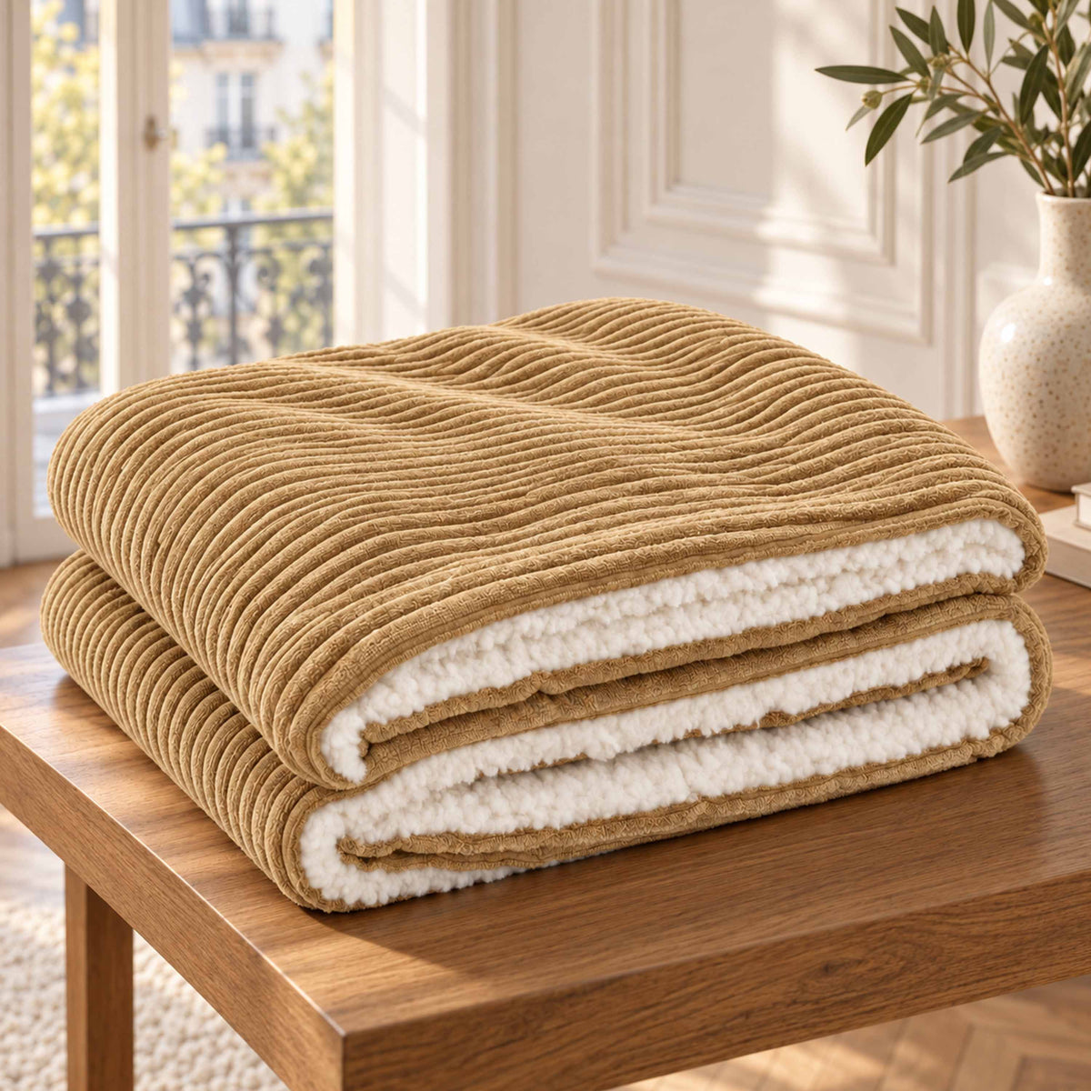 Plaid Velours Côtelé Beige doré Double Face Sherpa – 180×140 cm, plaid chaleureux velours côtelé et sherpa imitation laine