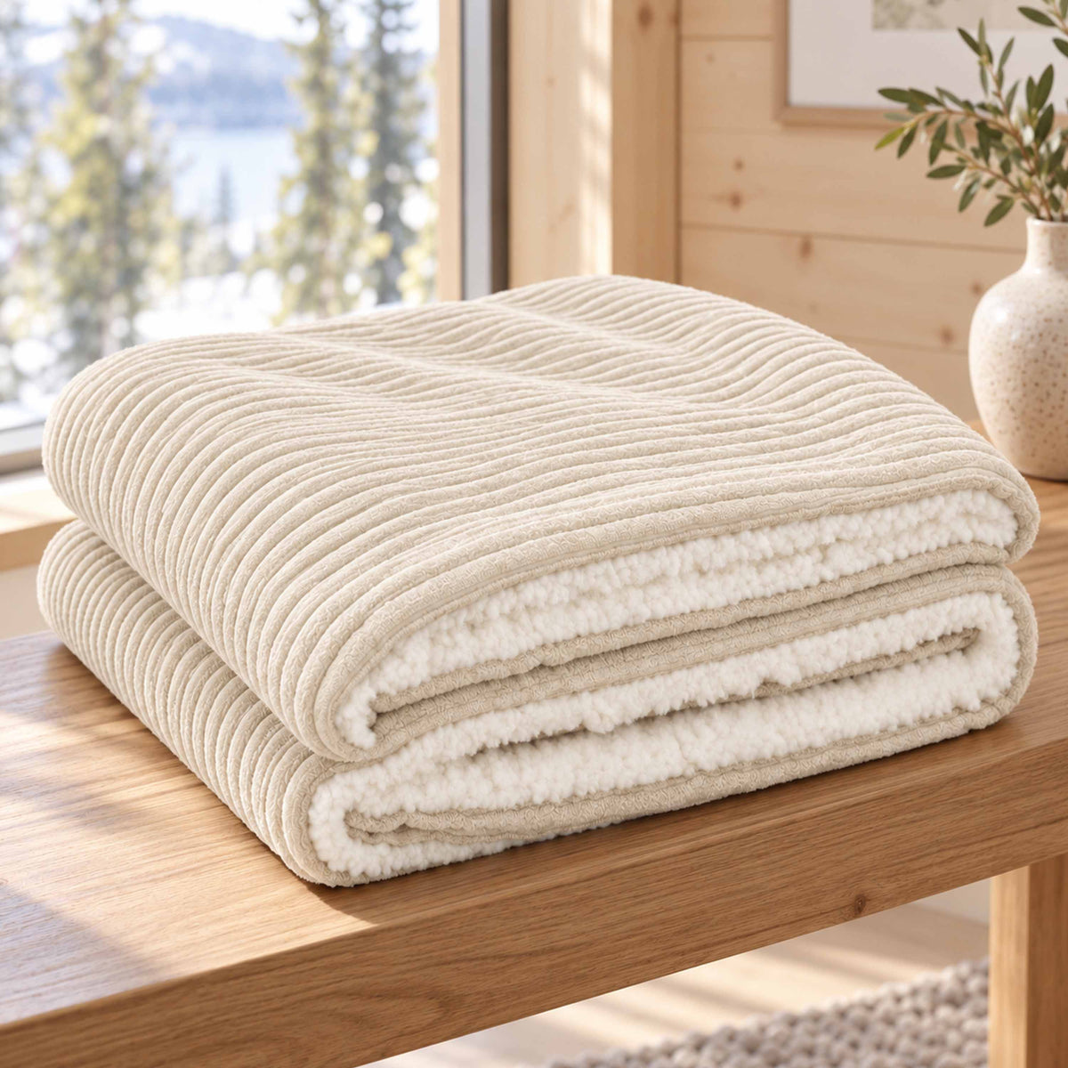 Plaid Velours Côtelé Beige Double Face Sherpa – 180×140 cm, plaid doux en velours côtelé et sherpa