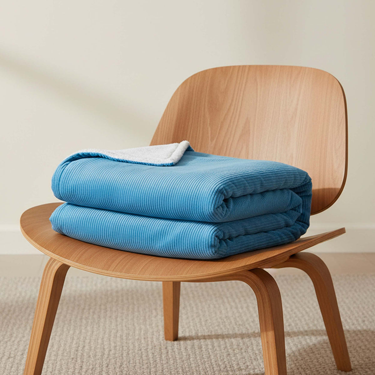 Plaid Velours Côtelé Bleu Ciel Double Face Sherpa – 180×140 cm, plaid bleu sur fauteuil bois