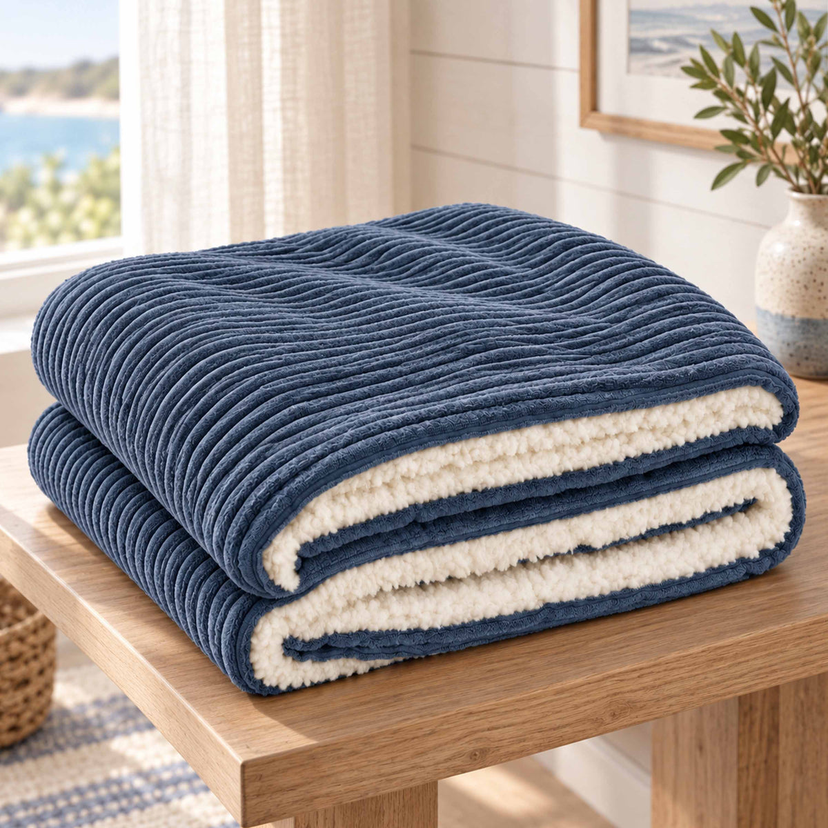 Plaid Velours Côtelé Bleu denim Double Face Sherpa – 180×140 cm, plaid cocooning velours côtelé et sherpa