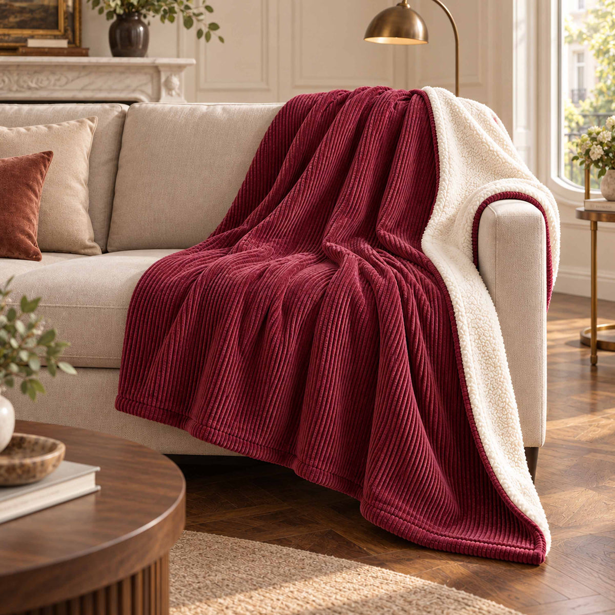 Plaid Velours Côtelé Cerise Double Face Sherpa – 180×140 cm, plaid sur canapé salle de séjour cocooning