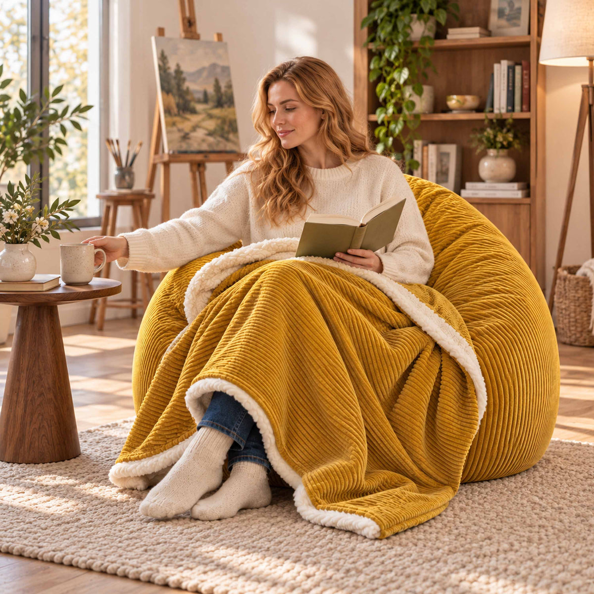 Plaid Velours Côtelé Jaune moutarde Double Face Sherpa – 180×140 cm, plaid cocooning en velours côtelé et sherpa