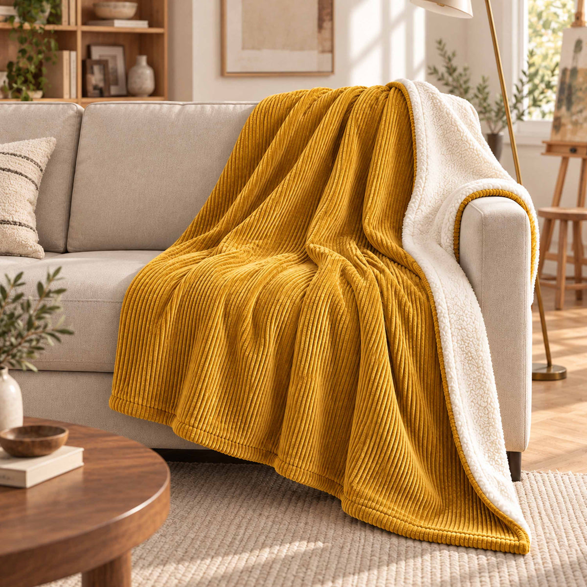 Plaid Velours Côtelé Jaune moutarde Double Face Sherpa – 180×140 cm, plaid cocooning sur canapé avec face velours côtelé et sherpa