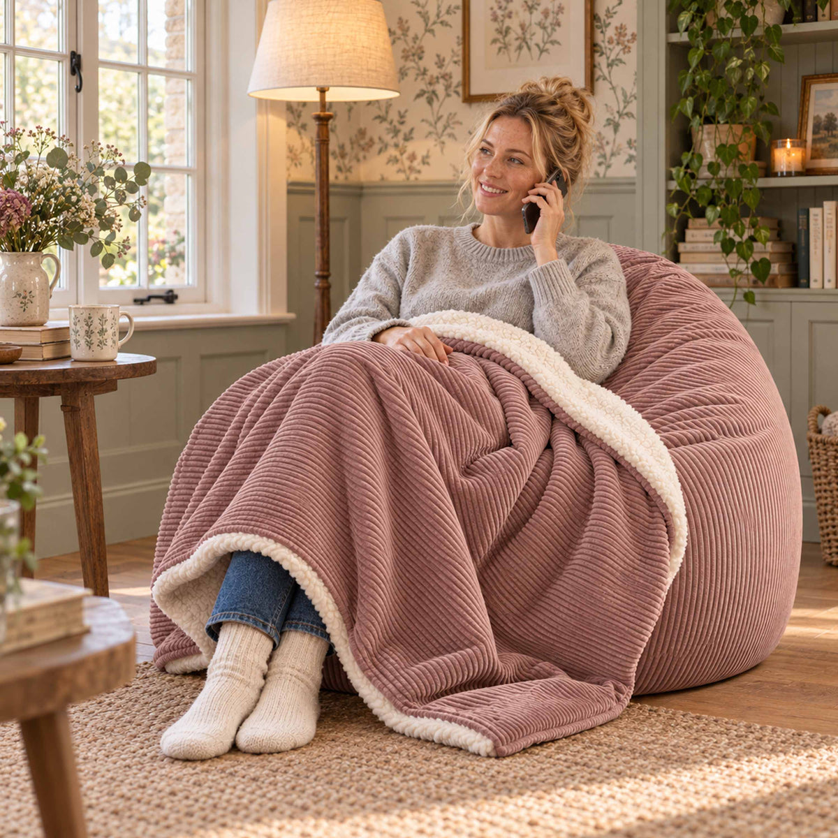 Plaid Velours Côtelé Rose poudré Double Face Sherpa – 180×140 cm, plaid cocooning sur canapé en velours et sherpa