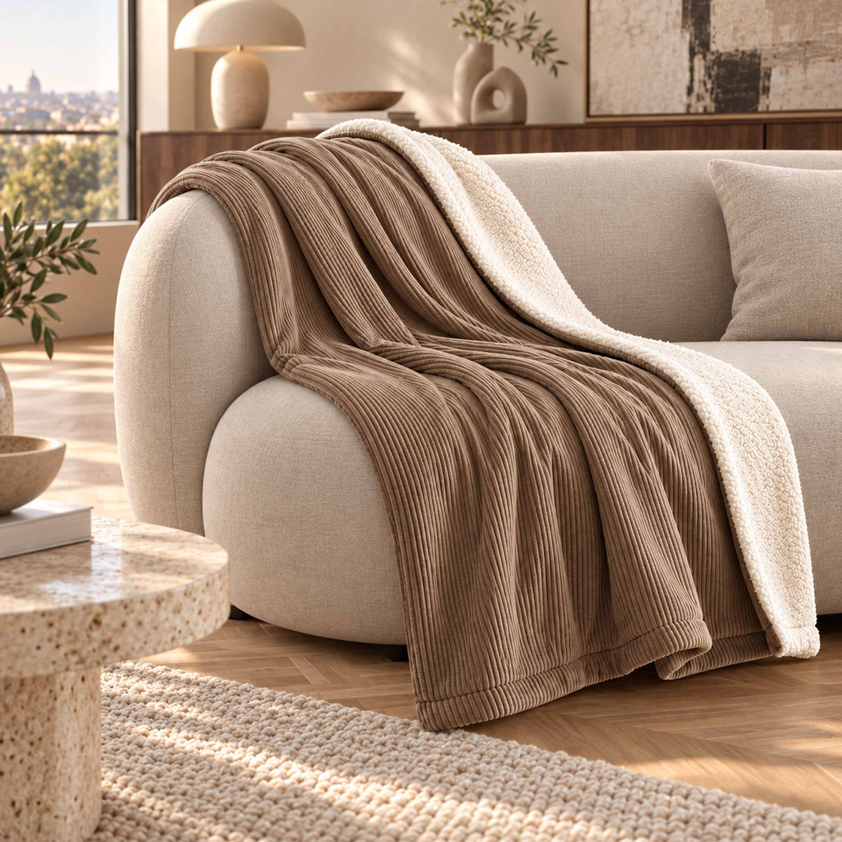 Plaid Velours Côtelé Marron Double Face Sherpa – 180×140 cm sur canapé, velours côtelé et effet sherpa