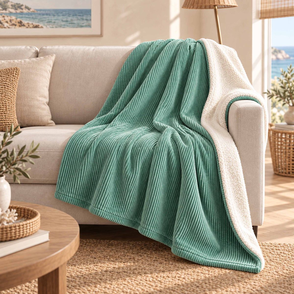 Plaid Velours Côtelé Turquoise Double Face Sherpa – 180×140 cm, plaid sur canapé velours côtelé et doublure sherpa