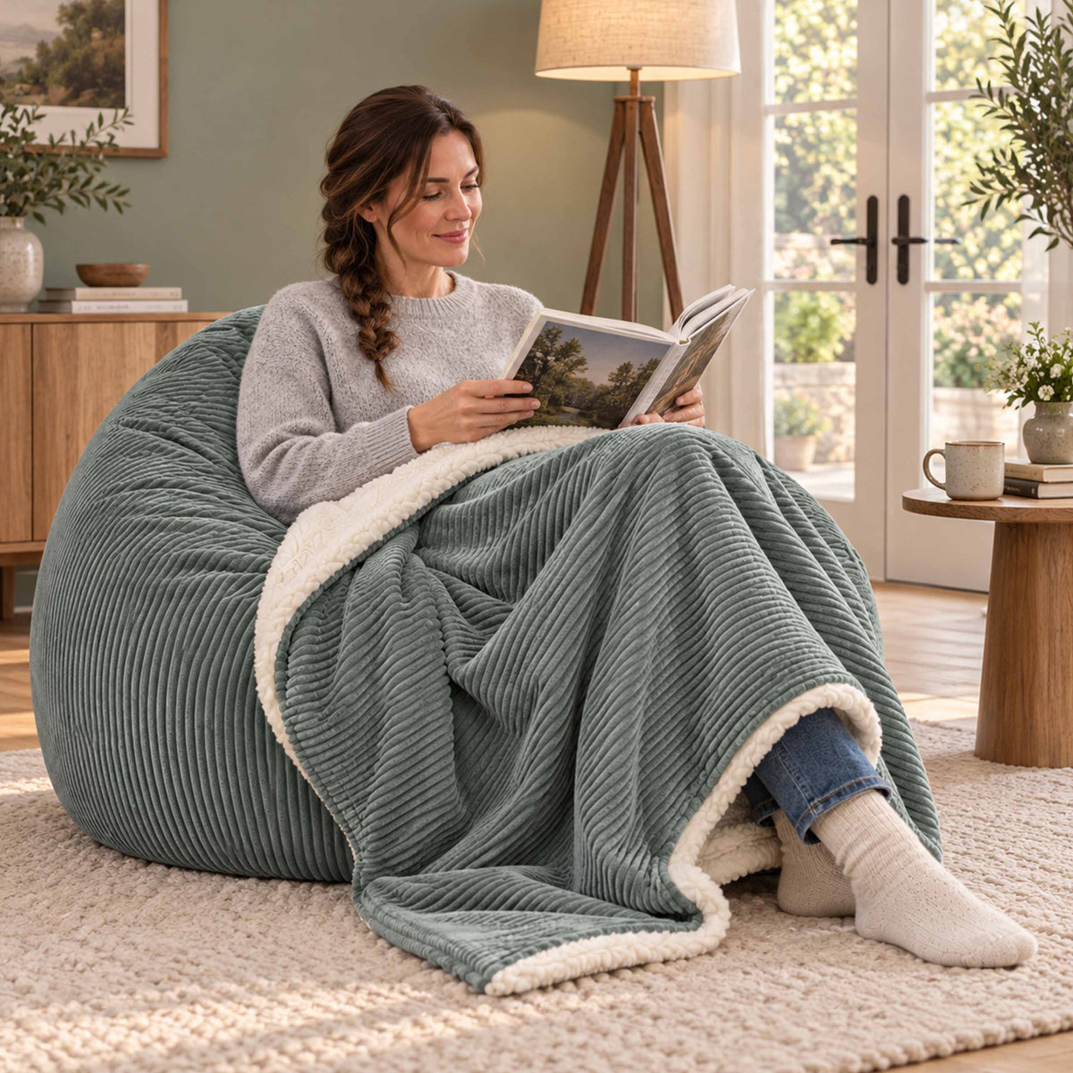 Plaid Velours Côtelé Vert gris Double Face Sherpa – 180×140 cm, plaid cocooning sur fauteuil au salon