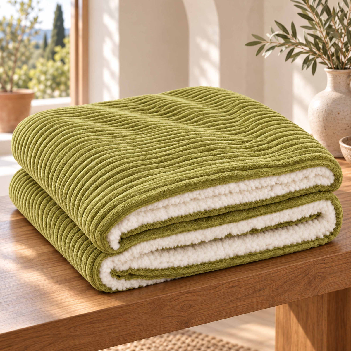 Plaid Velours Côtelé Vert olive clair Double Face Sherpa – 180×140 cm, plaid chic en velours côtelé et sherpa imitation laine