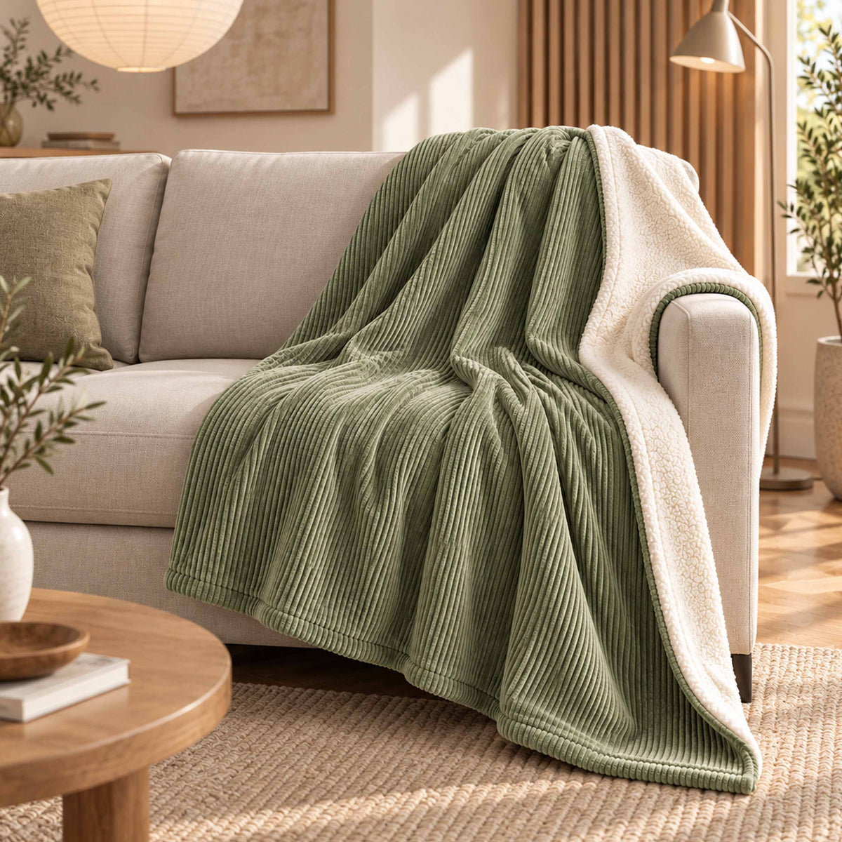 Plaid Velours Côtelé Vert Sauge Double Face Sherpa – 180×140 cm sur canapé, face sherpa imitation laine de mouton