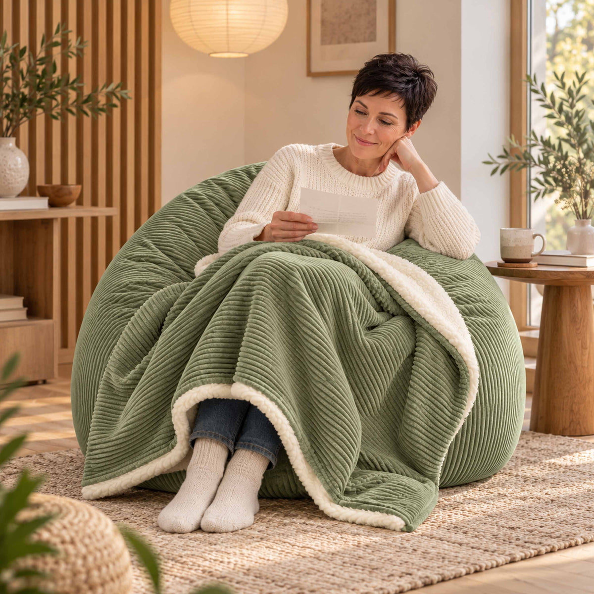 Plaid Velours Côtelé Vert Sauge Double Face Sherpa – 180×140 cm, plaid cocooning sur canapé, velours côtelé et sherpa