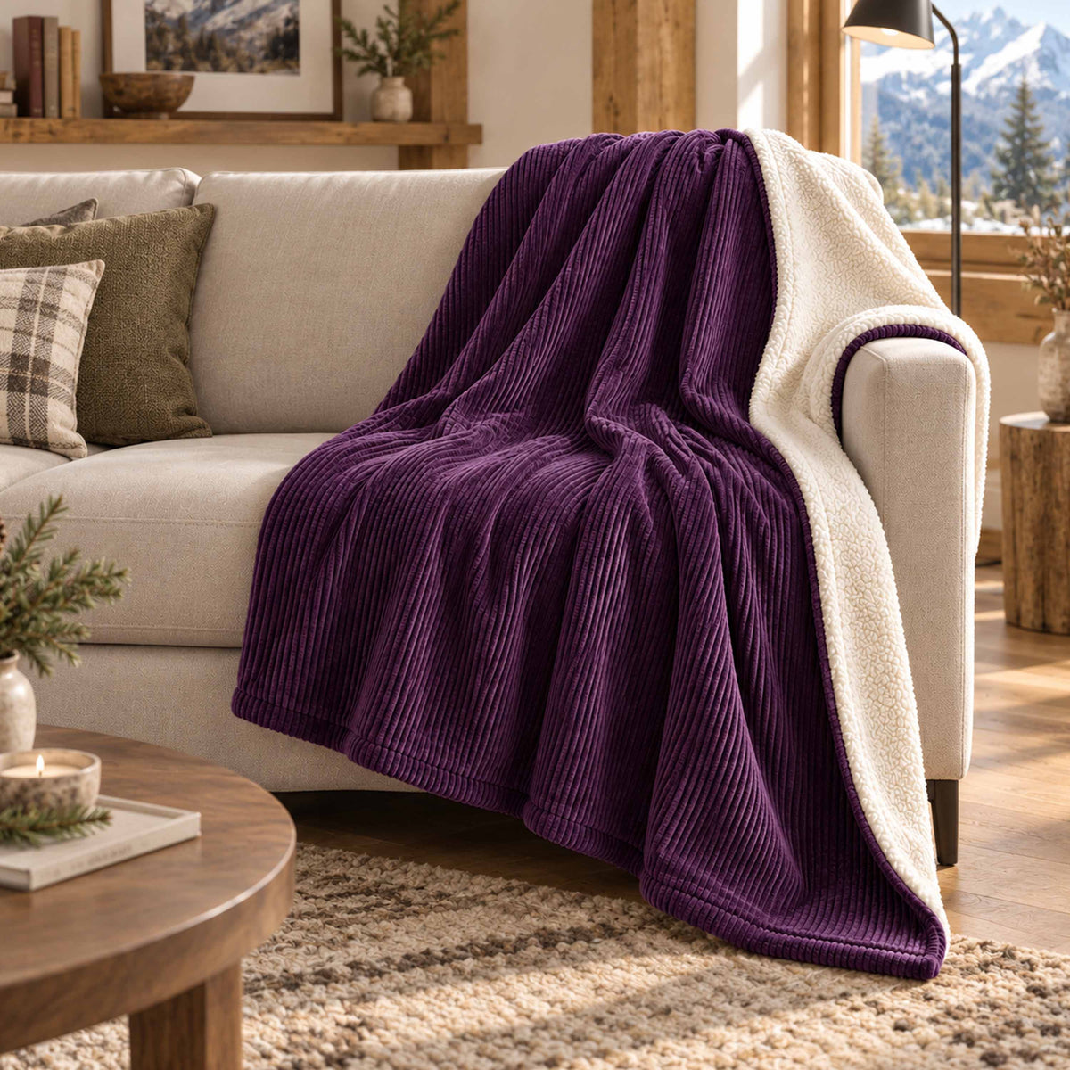 Plaid Velours Côtelé Violet aubergine Double Face Sherpa – 180×140 cm sur canapé, velours côtelé et sherpa