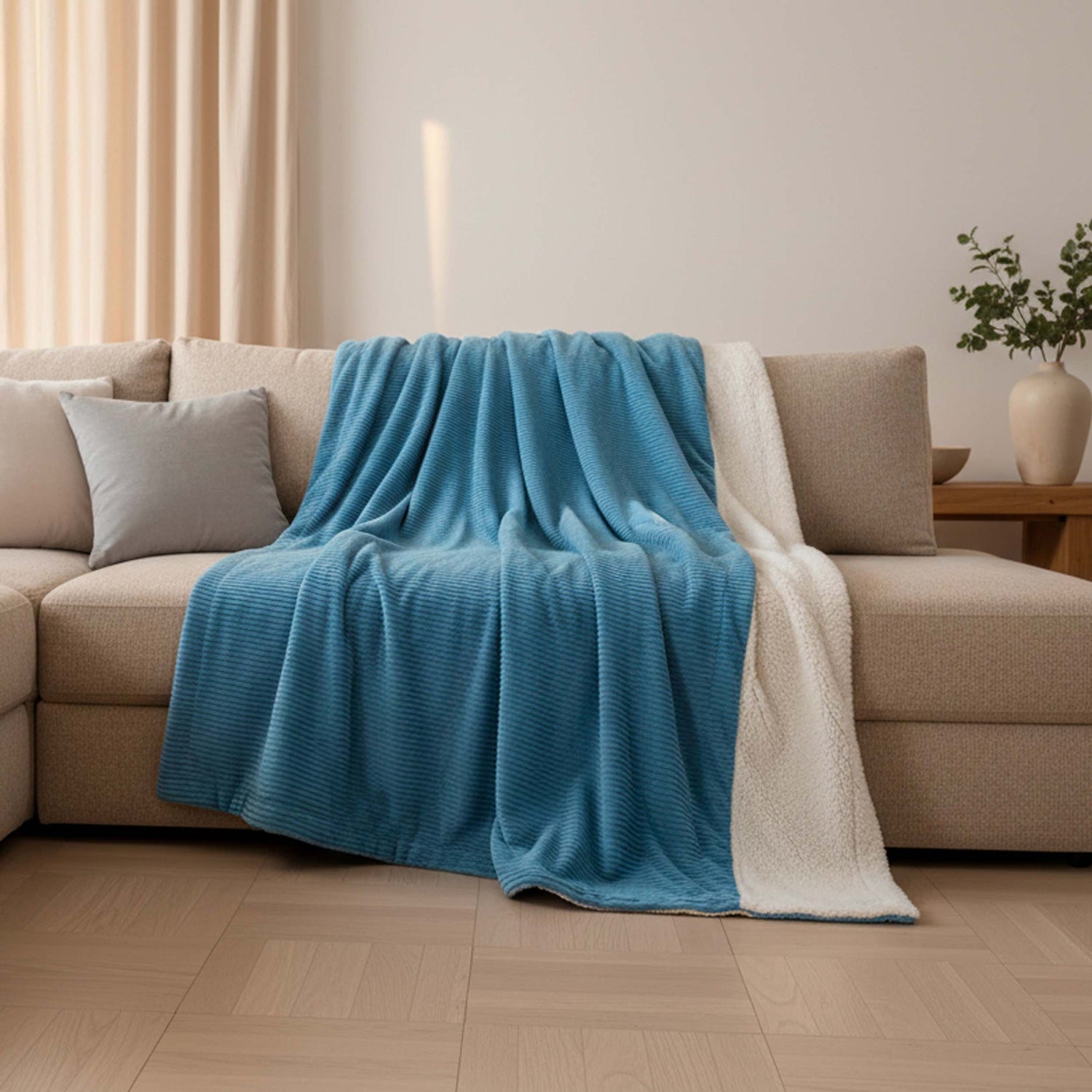 Doppelseitige Cordvelours-Decke Himmelblau mit Sherpa – 180×140 cm