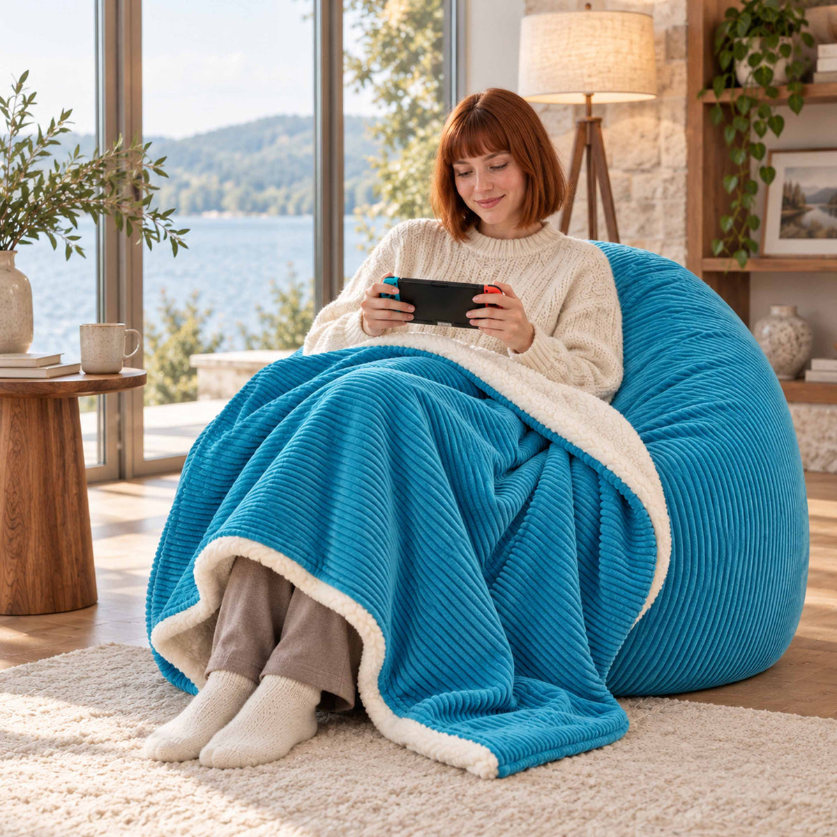 Plaid Velours Côtelé Bleu Ciel Double Face Sherpa – 180×140 cm, plaid bleu ciel et sherpa imitation laine de mouton