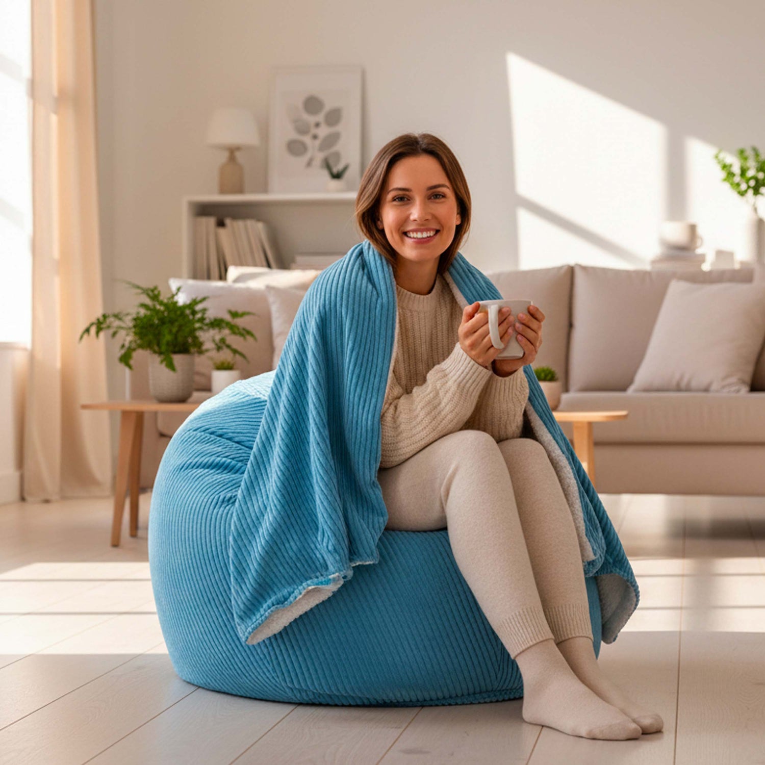 Doppelseitige Cordvelours-Decke Himmelblau mit Sherpa – 180×140 cm