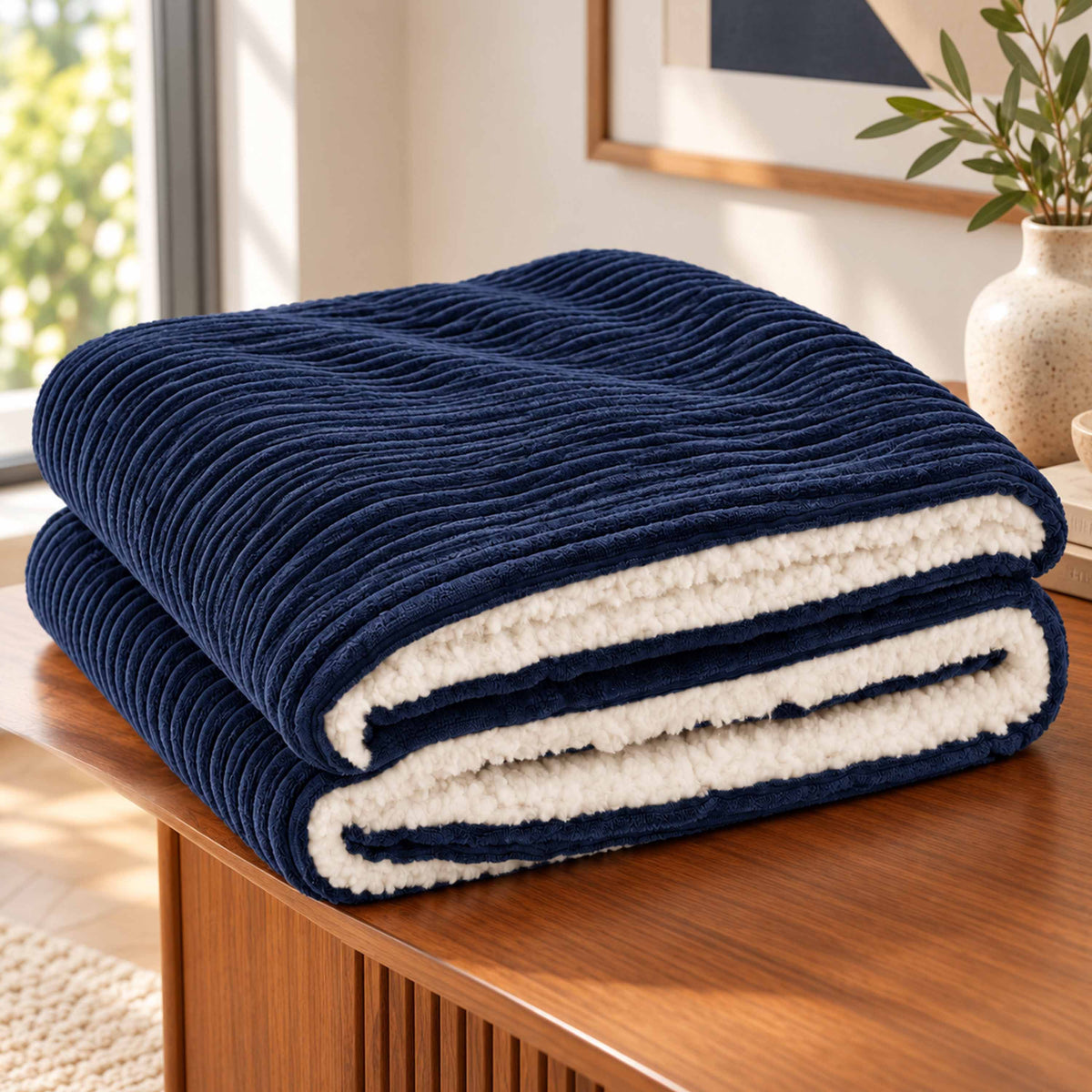 Plaid Velours Côtelé Bleu Marine Double Face Sherpa – 180×140 cm, plaid double face velours côtelé et sherpa