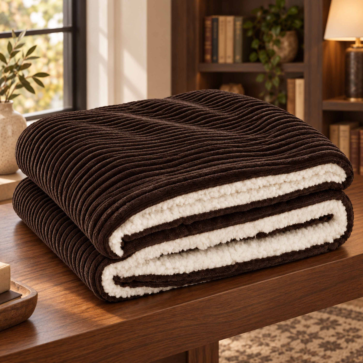 Plaid Velours Côtelé Brun espresso Double Face Sherpa – 180×140 cm plaid double face velours côtelé et sherpa