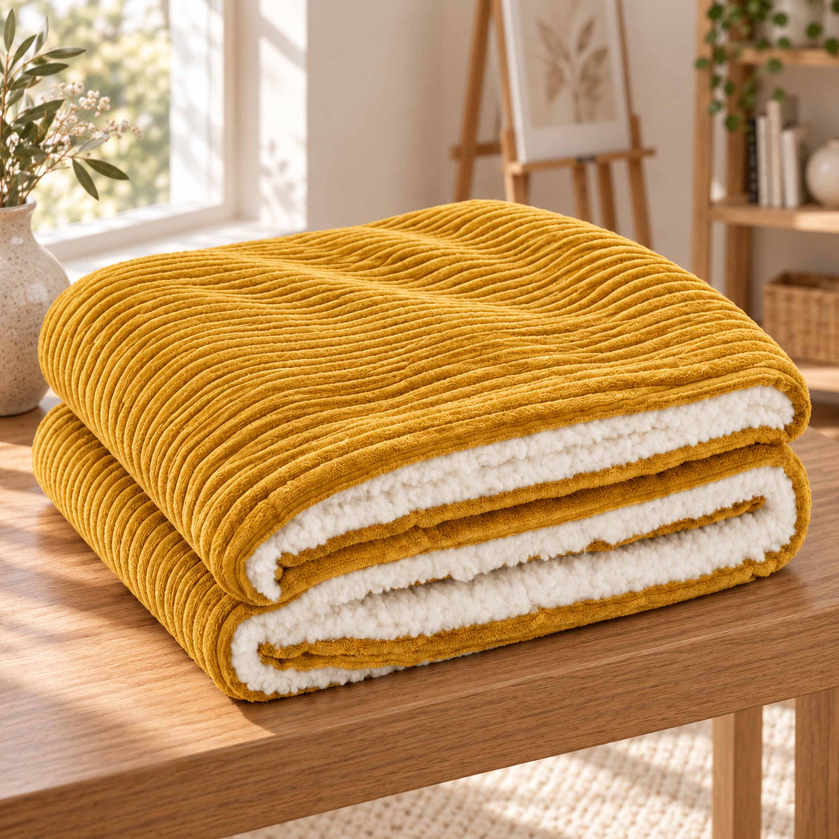 Plaid Velours Côtelé Jaune moutarde Double Face Sherpa – 180×140 cm, plaid cocooning velours côtelé et sherpa