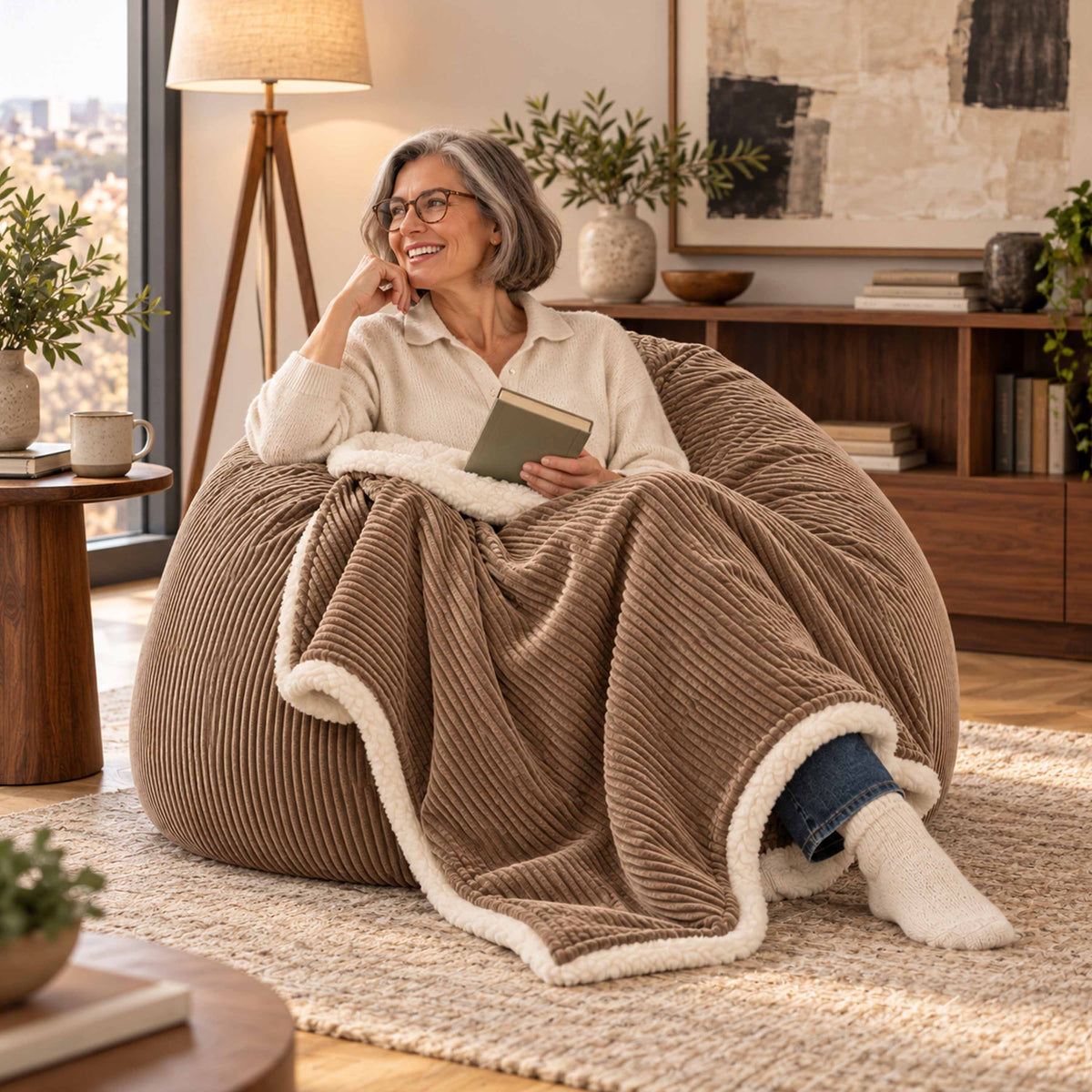 Plaid Velours Côtelé Marron Double Face Sherpa – 180×140 cm, plaid doux pour canapé et lit