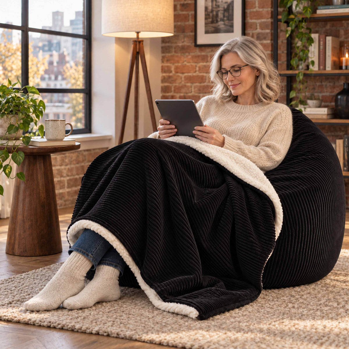 Plaid Velours Côtelé Noir Double Face Sherpa – 180×140 cm, plaid cocooning sur canapé, face velours et doublure sherpa