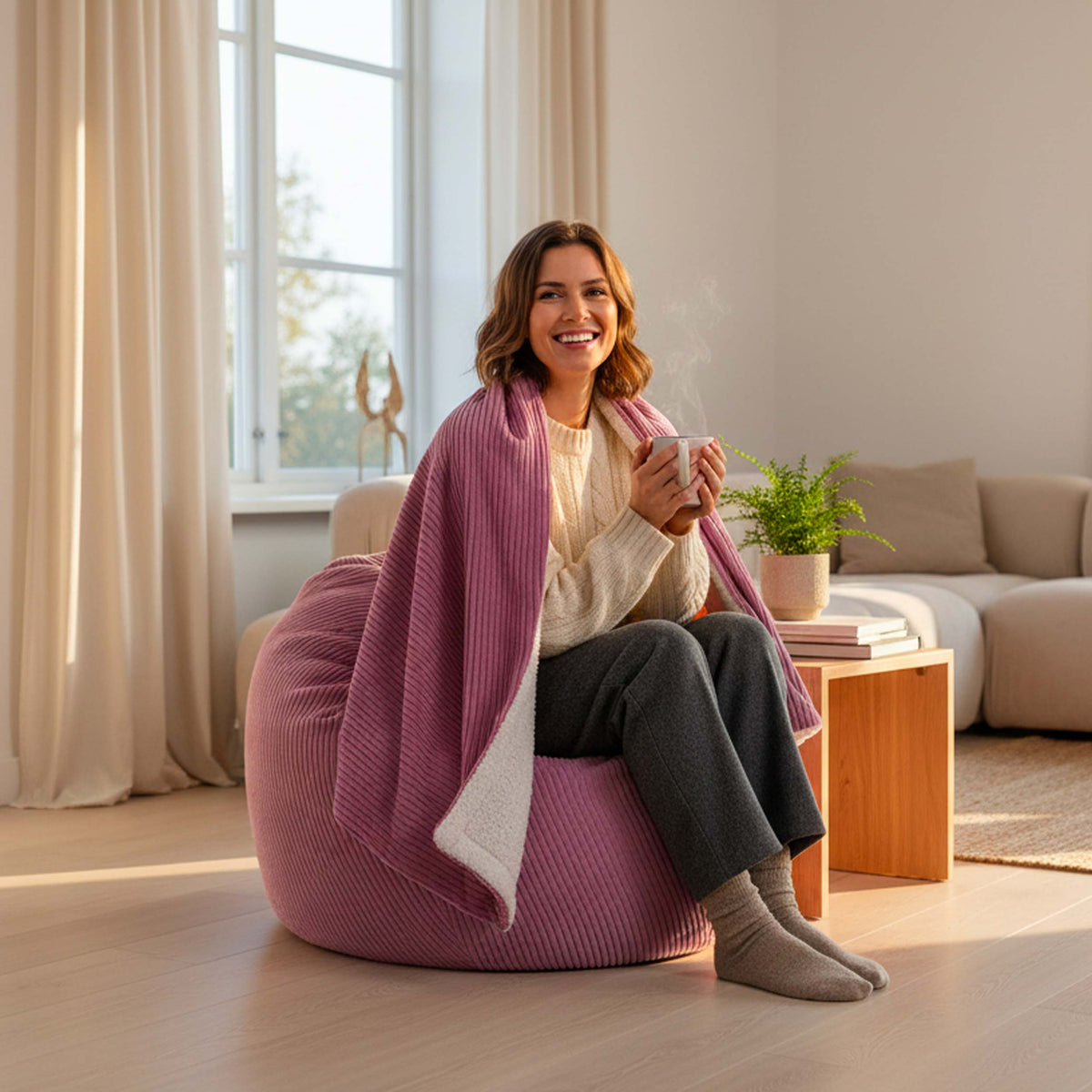 Plaid Velours Côtelé Rose Double Face Sherpa – 180×140 cm, plaid cocooning sur canapé, velours côtelé et sherpa