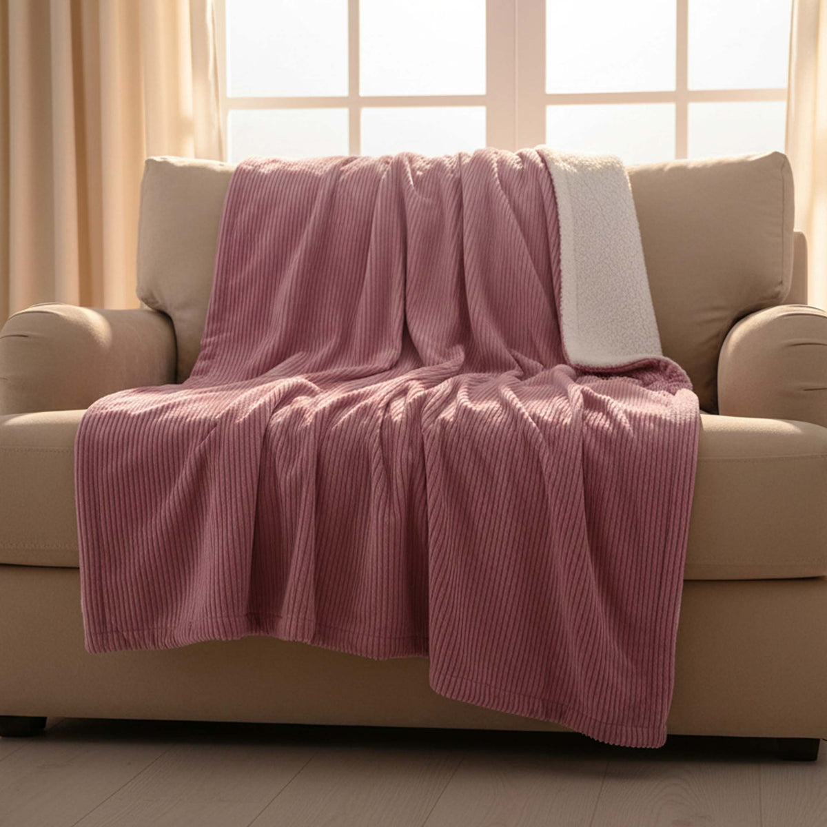 Plaid Velours Côtelé Rose Double Face Sherpa – 180×140 cm sur canapé, plaid rose en velours côtelé et sherpa