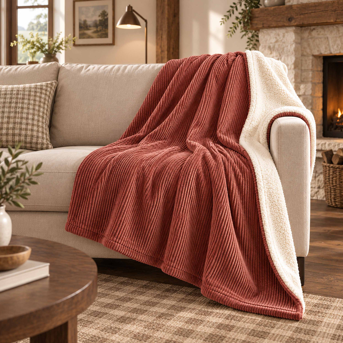 Plaid Velours Côtelé Terracotta Double Face Sherpa – 180×140 cm, plaid double face velours côtelé et sherpa sur canapé