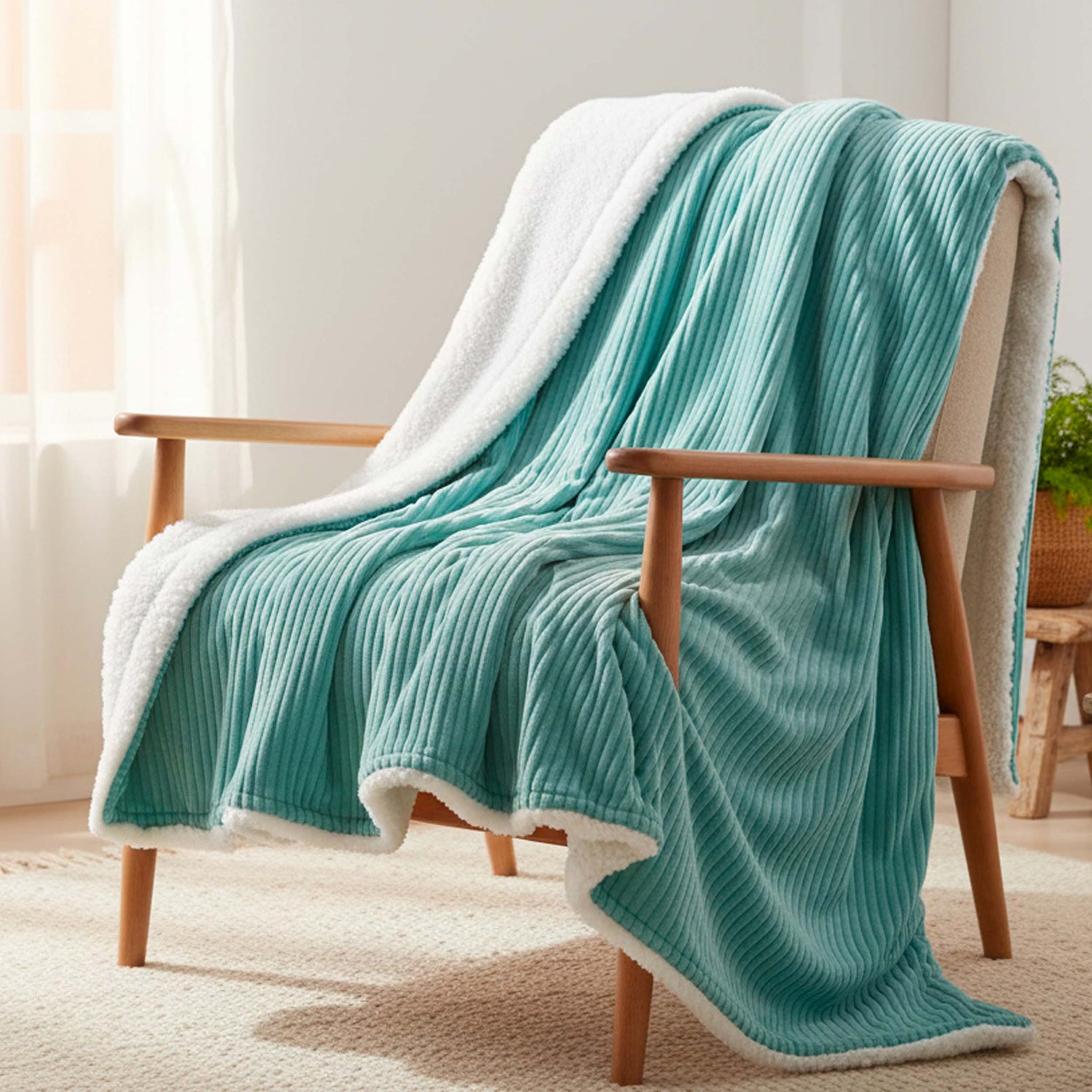 Manta de Terciopelo Canalé Turquesa Reversible con Borrego – 180×140 cm