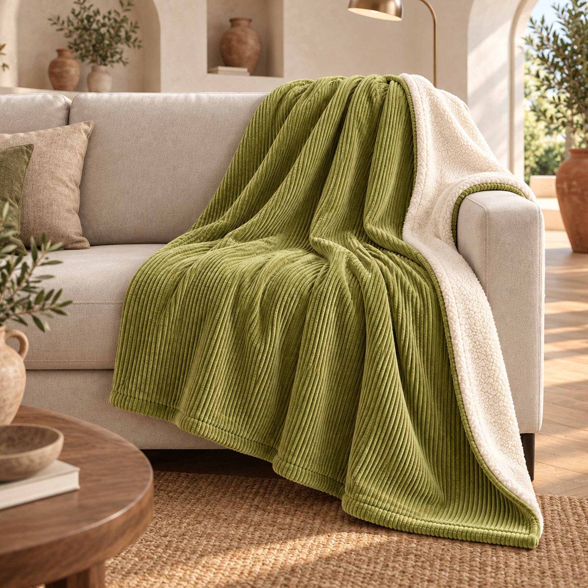Plaid Velours Côtelé Vert olive clair Double Face Sherpa – 180×140 cm, plaid cocooning sur canapé, velours côtelé et sherpa