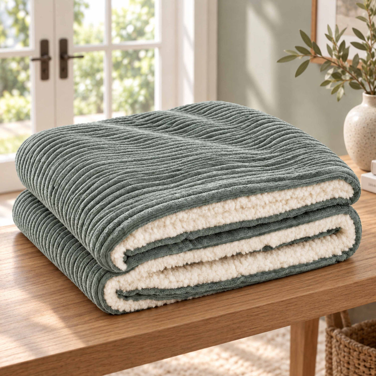 Plaid Velours Côtelé Vert gris Double Face Sherpa – 180×140 cm, couverture cocooning au canapé