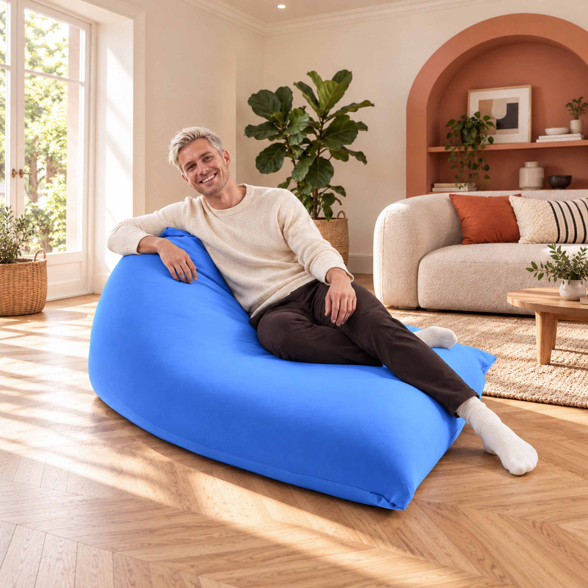 pouf berlingot géant intérieur bleu stretch, assise confortable en forme de berlingot pour salon ou chambre, tissu ultra souple