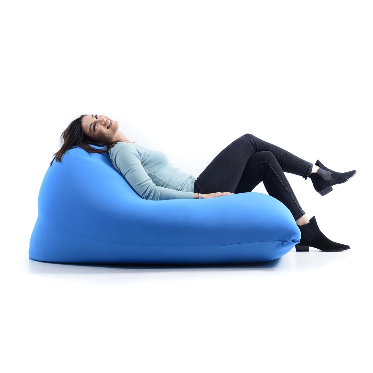 Pouf Berlingot Stretch Bleu géant intérieur, assise moelleuse en tissu stretch pour salon ou chambre, coussin d’appoint