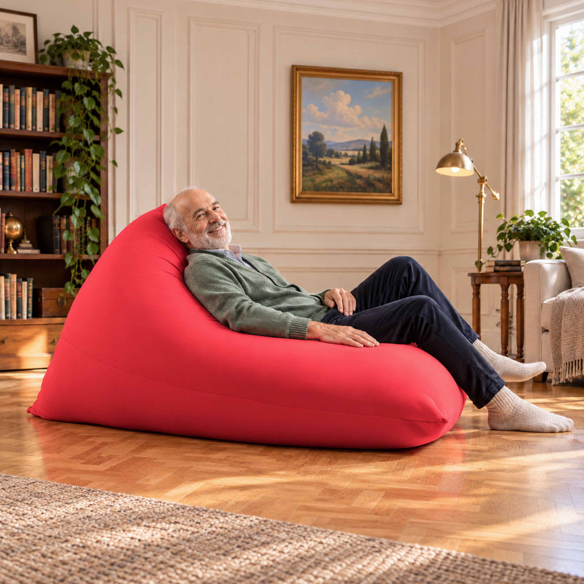 Pouf berlingot stretch rouge intérieur pour détente, assise confortable en tissu souple, salon ou chambre à coucher